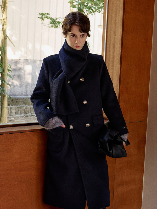 Scarf-Collar Double-Face Wool Coat