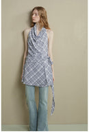 Drape-Neck Tie-Waist Plaid Dress
