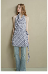 Drape-Neck Tie-Waist Plaid Dress