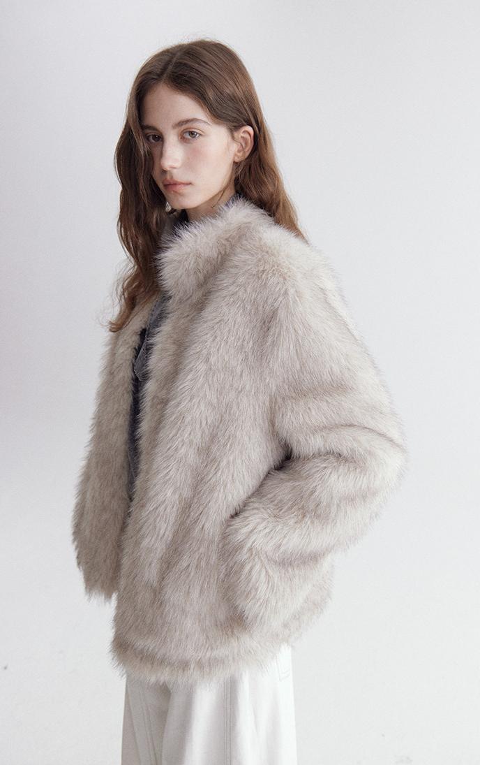 Eco-Fur Stand-Collar Short Jacket