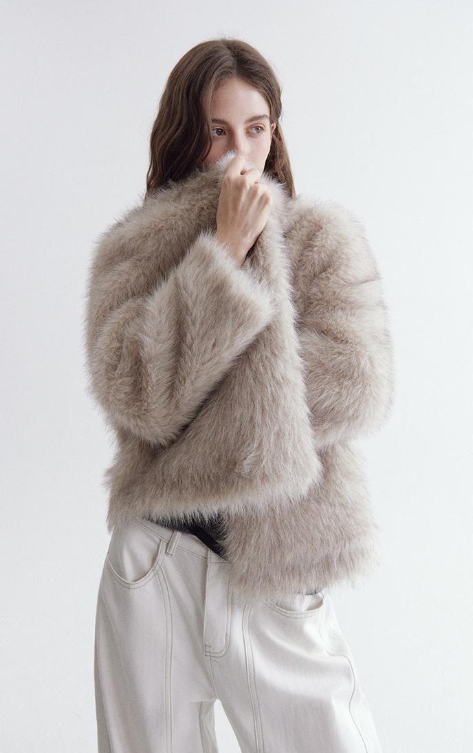 Eco-Fur Stand-Collar Short Jacket