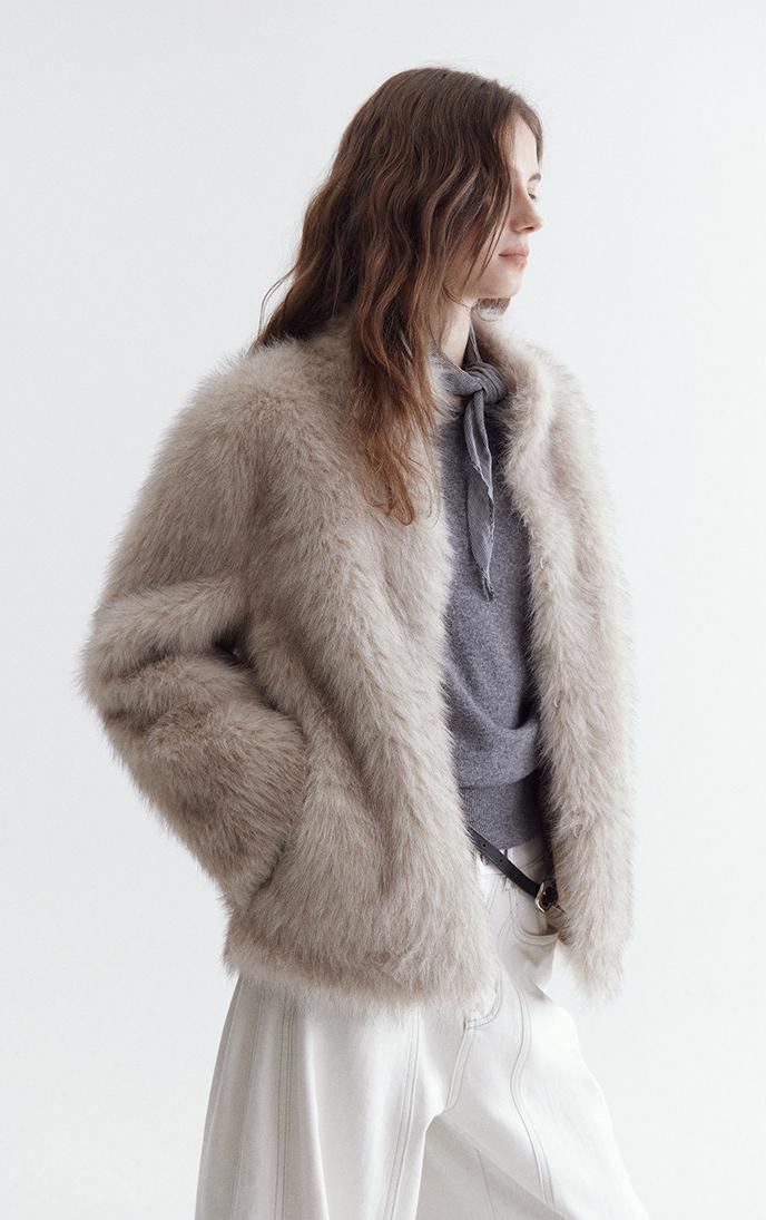 Eco-Fur Stand-Collar Short Jacket