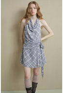 Drape-Neck Tie-Waist Plaid Dress