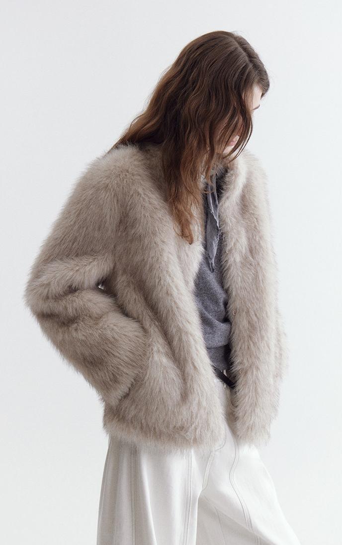 Eco-Fur Stand-Collar Short Jacket