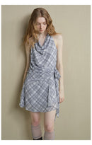 Drape-Neck Tie-Waist Plaid Dress