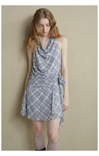 Drape-Neck Tie-Waist Plaid Dress