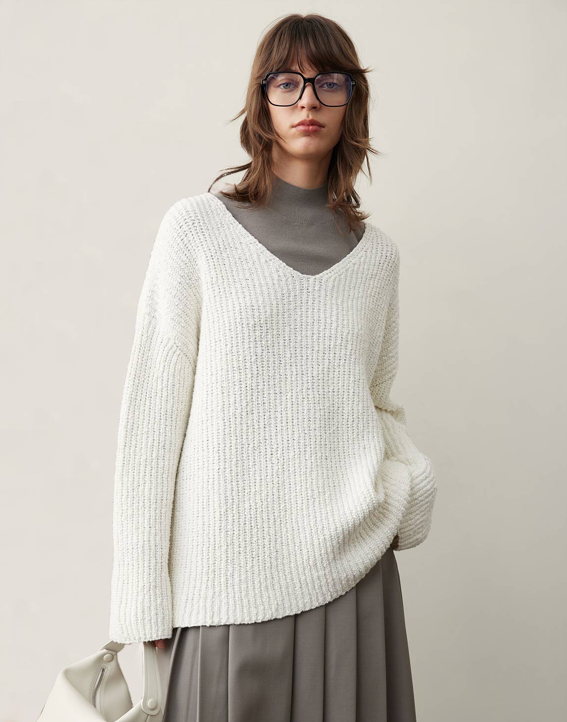 Chunky Rippstrick Pullover mit V-Ausschnitt