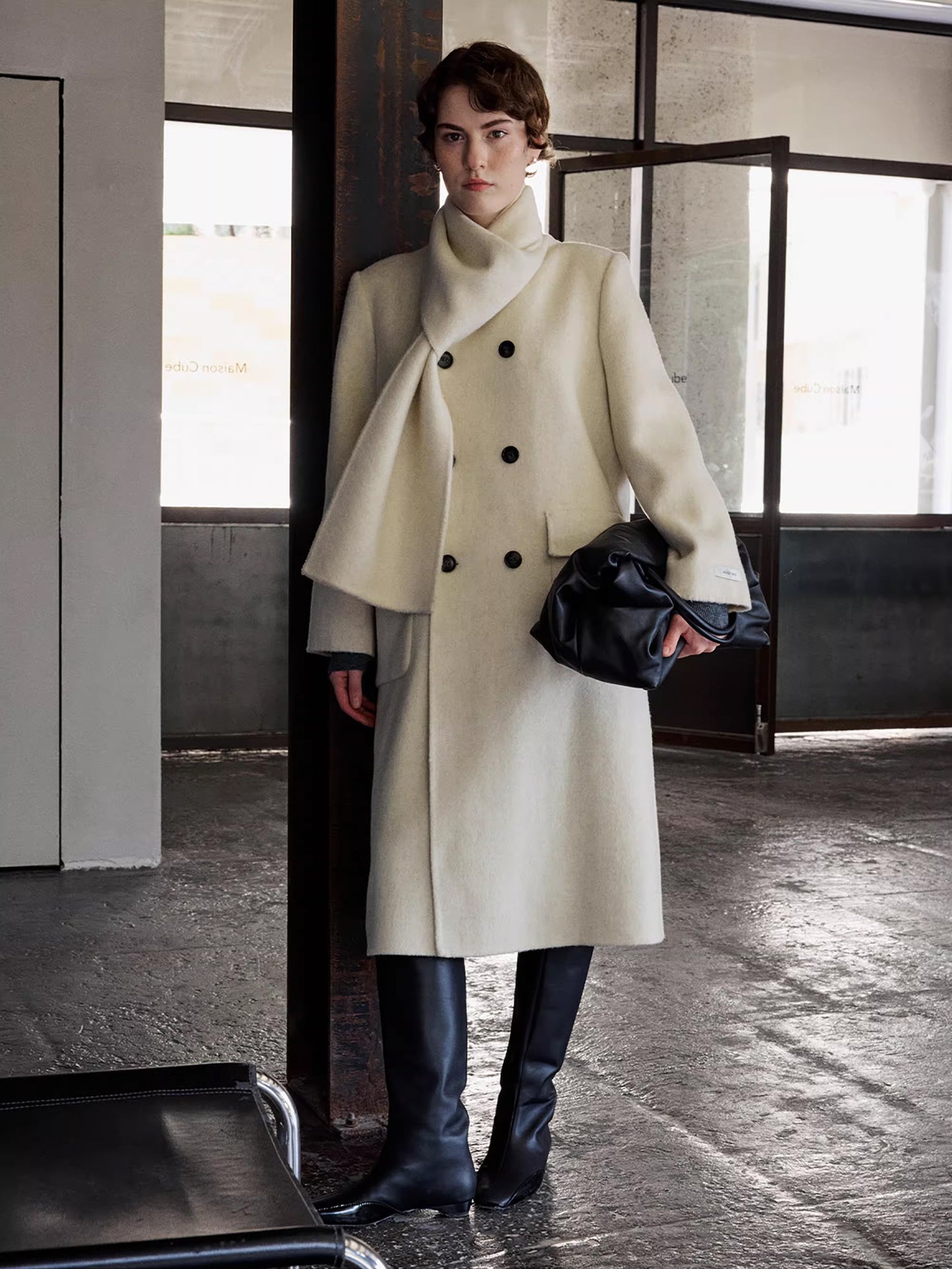 Scarf-Collar Double-Face Wool Coat