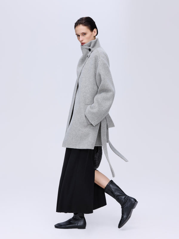 High-Neck Belted Wool Coat