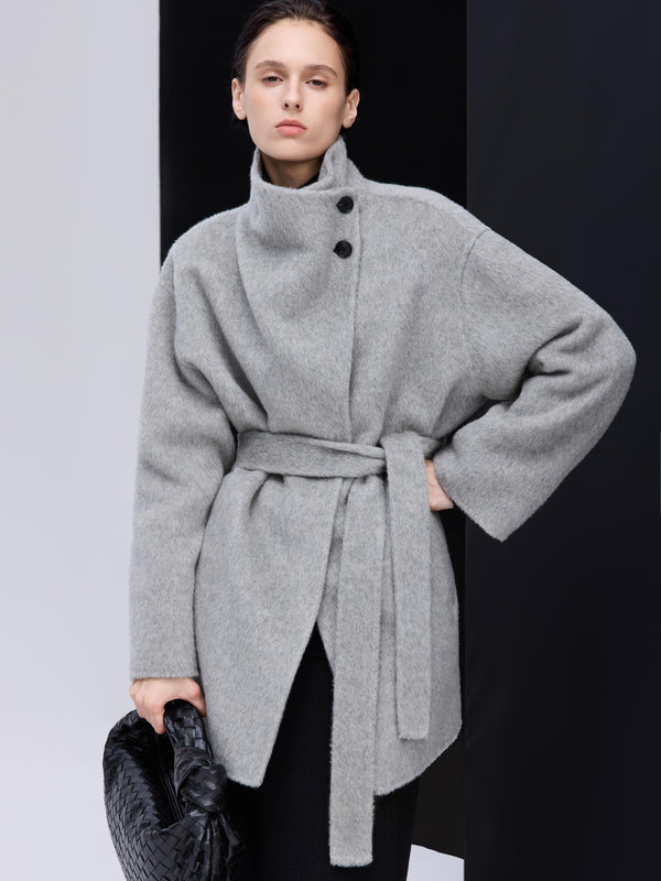 High-Neck Belted Wool Coat