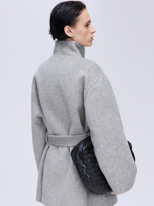 High-Neck Belted Wool Coat