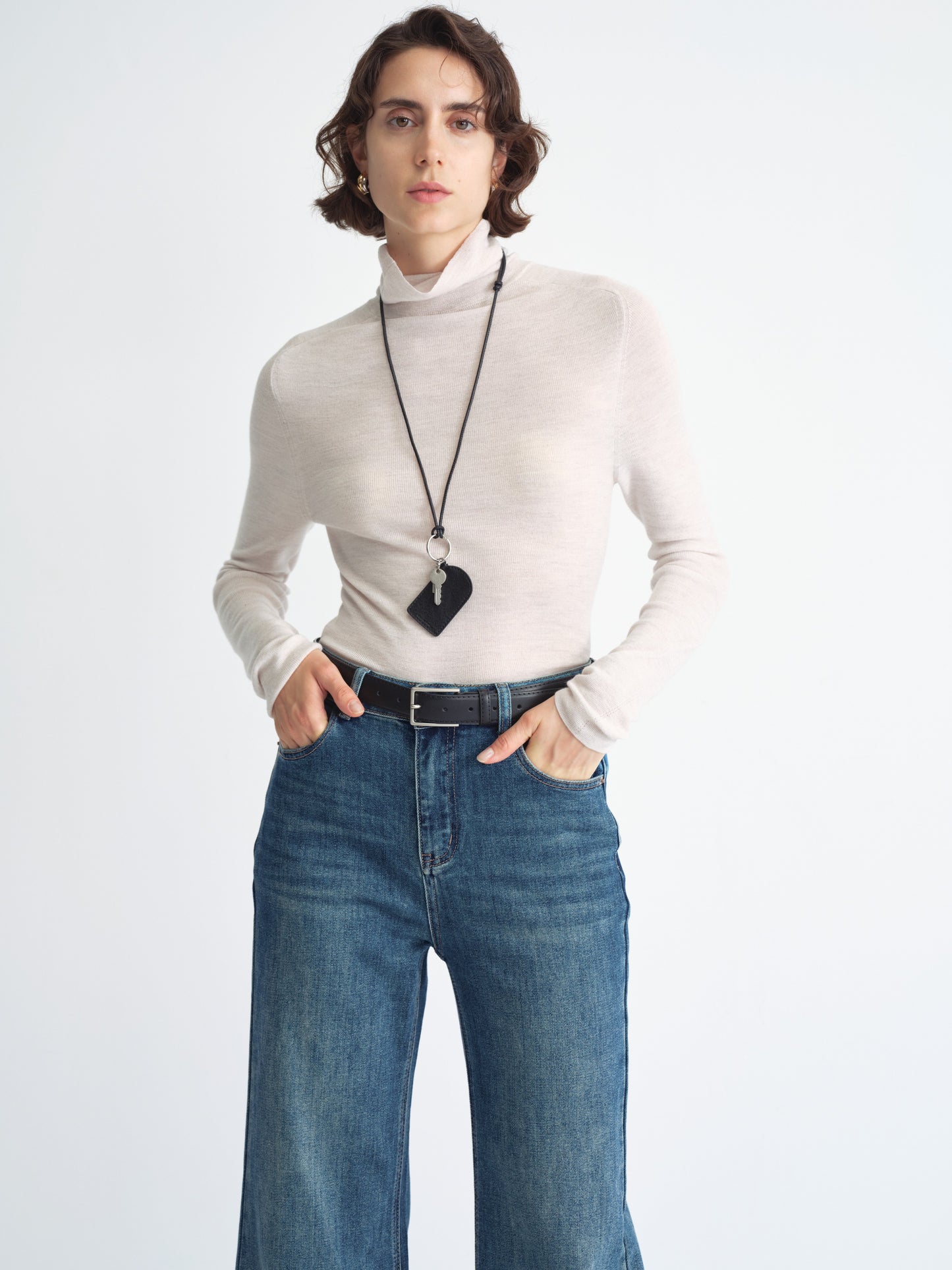Ribbed Knit Top de Manga Larga con Cuello Alto
