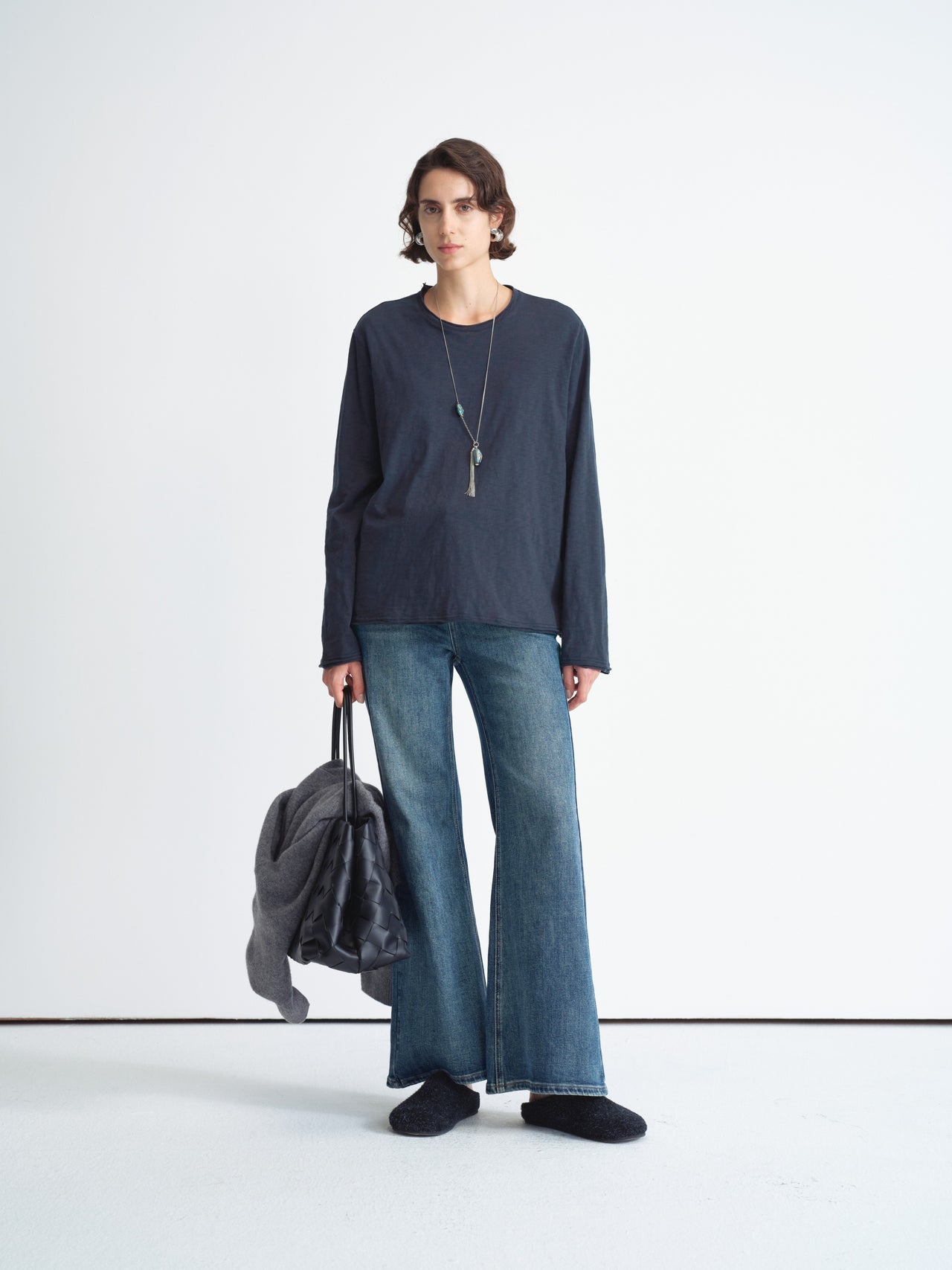 Jeans in denim a gamba larga