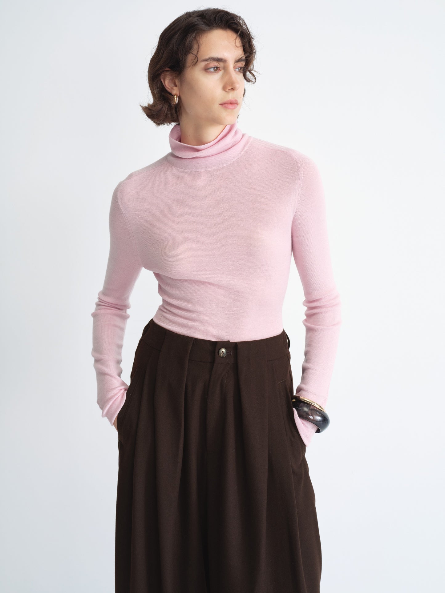 Ribbed Knit Top de Manga Larga con Cuello Alto