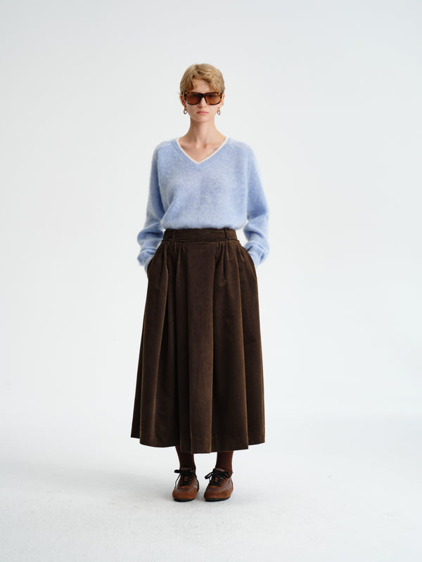 Pleated Corduroy–Cashmere Skirt