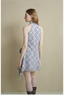 Drape-Neck Tie-Waist Plaid Dress