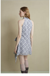 Drape-Neck Tie-Waist Plaid Dress