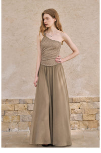 Asymmetric Metallic One-Shoulder Maxi Dress