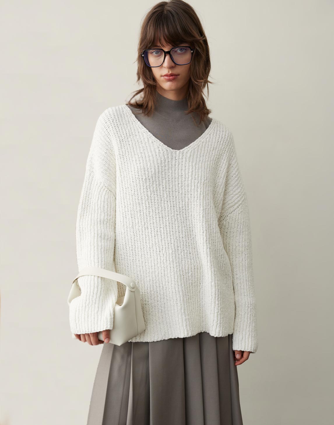 Chunky Rippstrick Pullover mit V-Ausschnitt