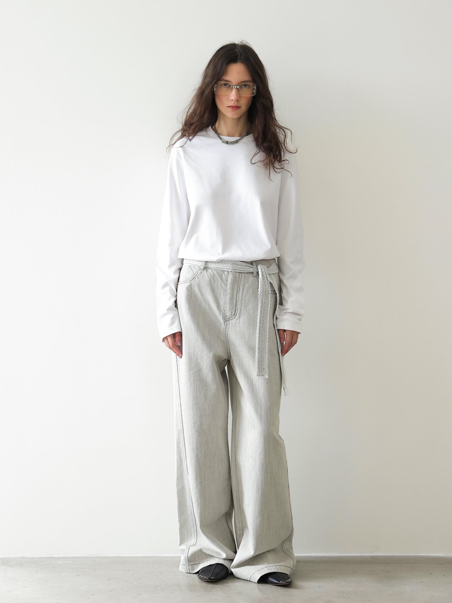 Lace-Tie Straight Wide Pants