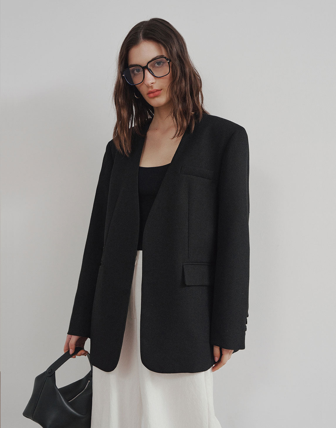 Collarless Twill Wool Blazer