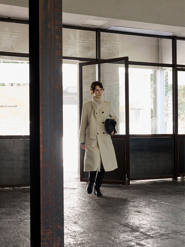 Scarf-Collar Double-Face Wool Coat