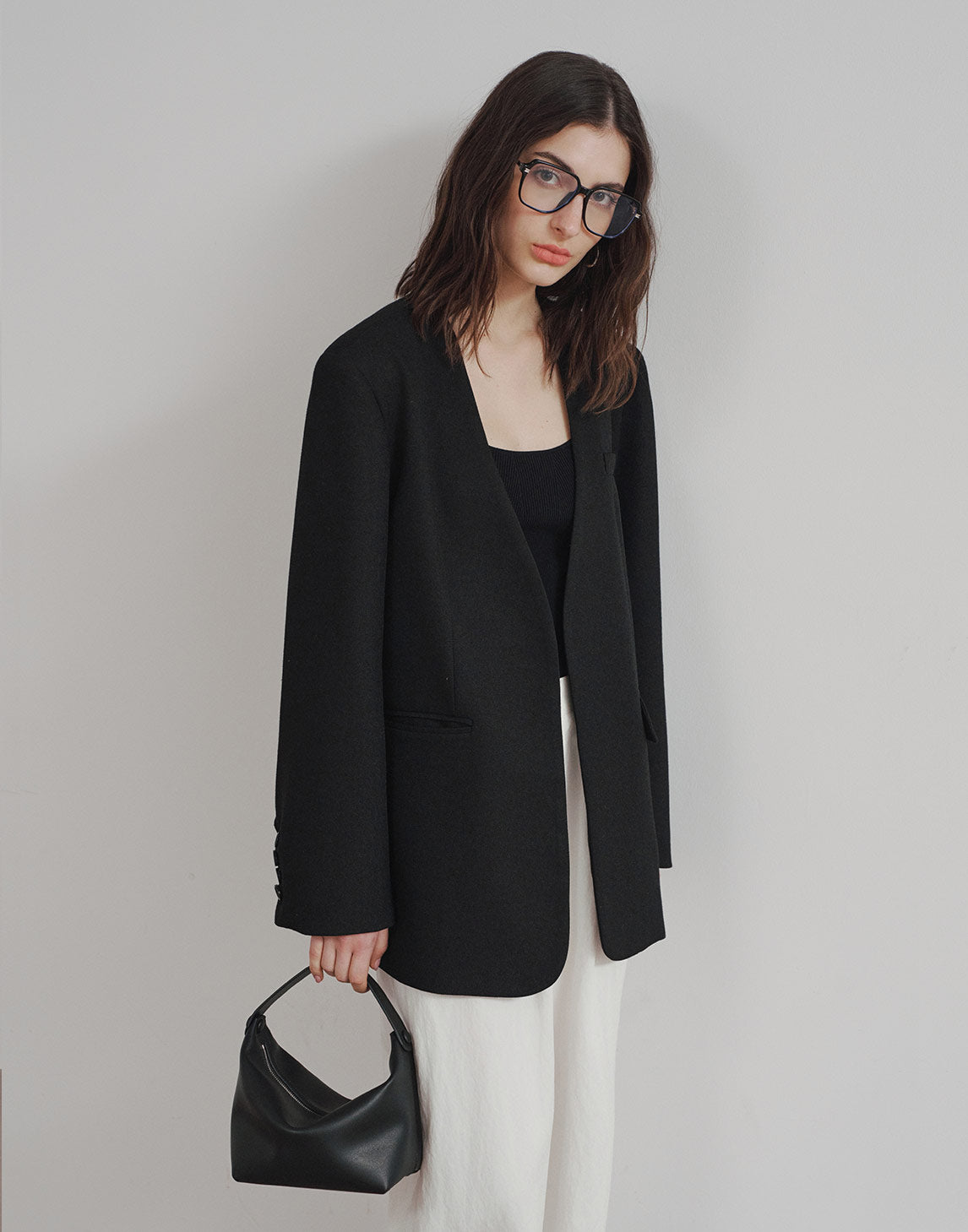 Collarless Twill Wool Blazer