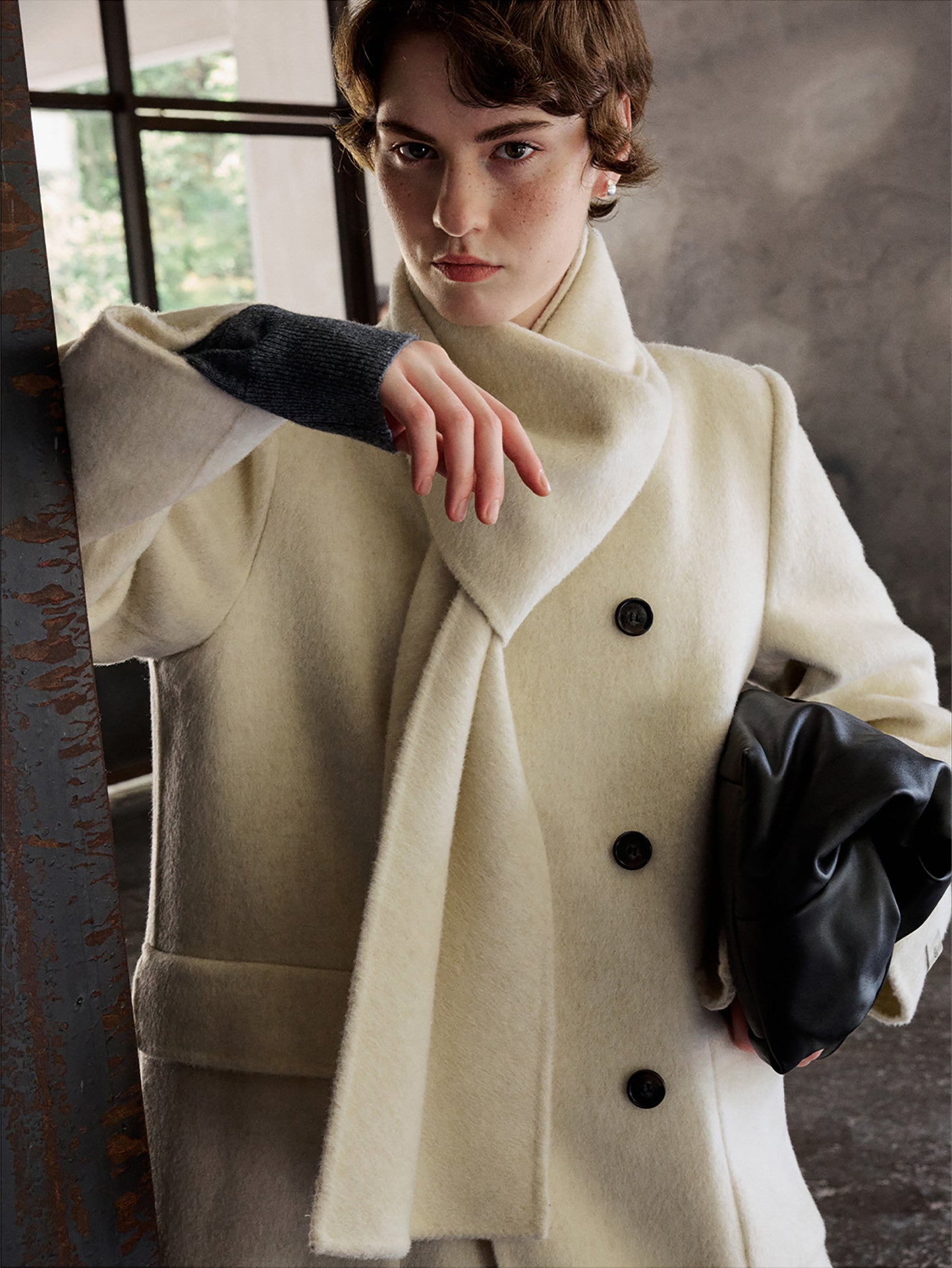 Scarf-Collar Double-Face Wool Coat