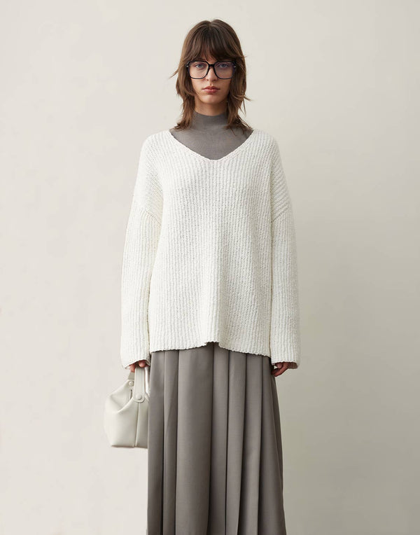 Tricot côtelé épais à col en V