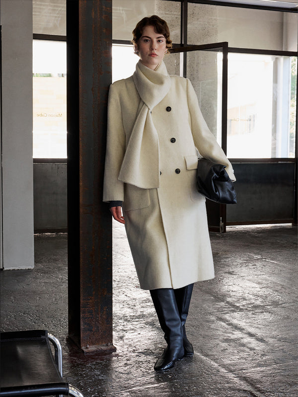 Scarf-Collar Double-Face Wool Coat
