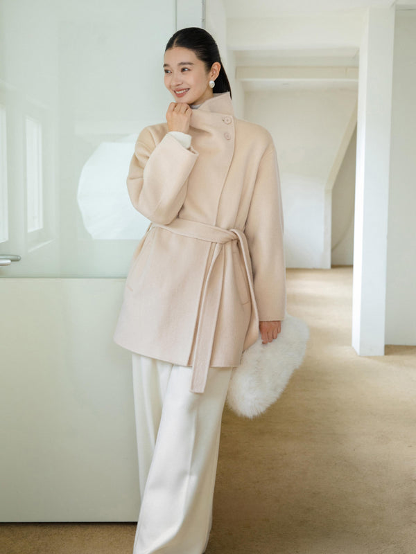 High-Neck Belted Wool Coat