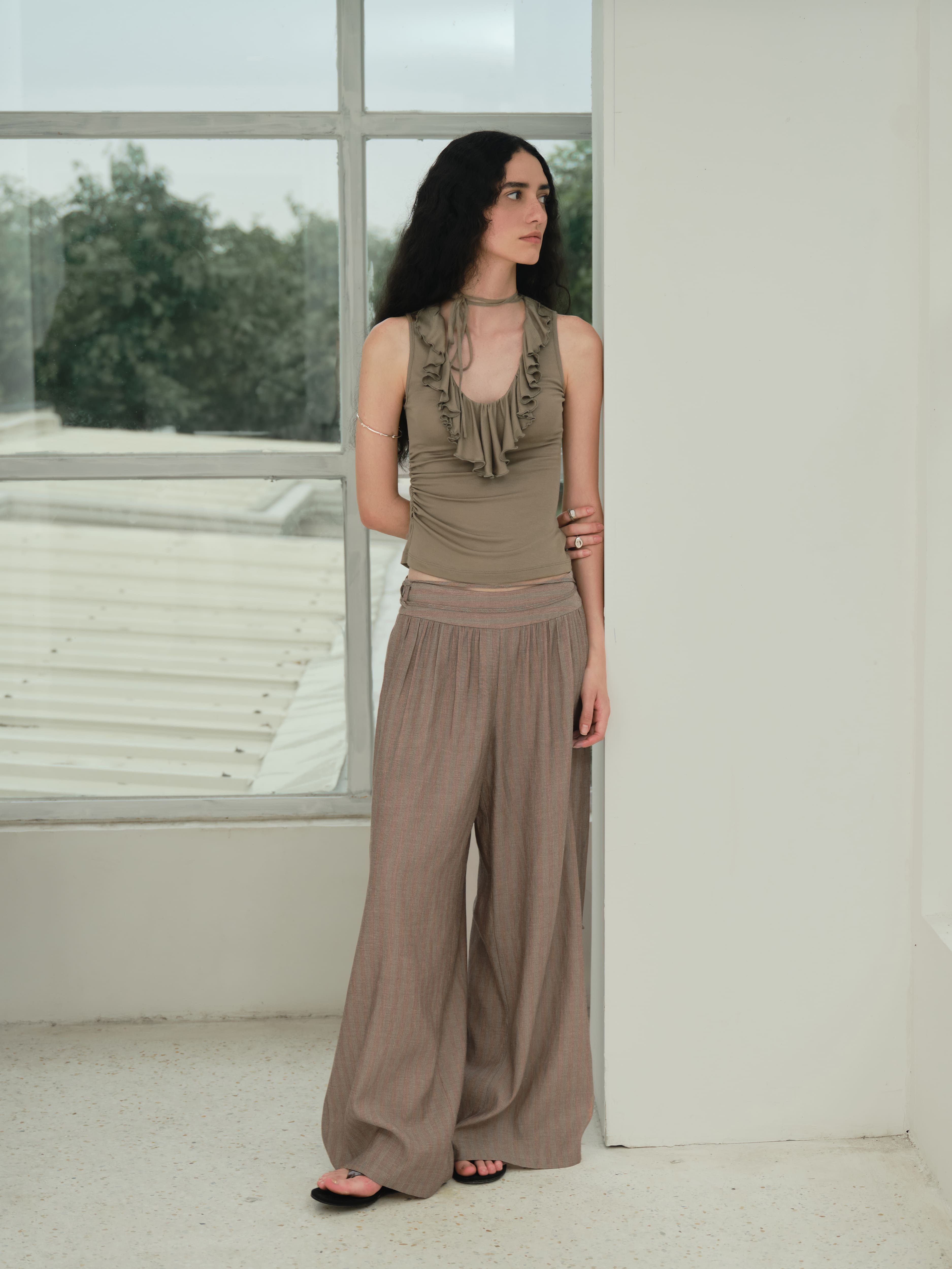 Striped Wide-Leg Pleated Pants