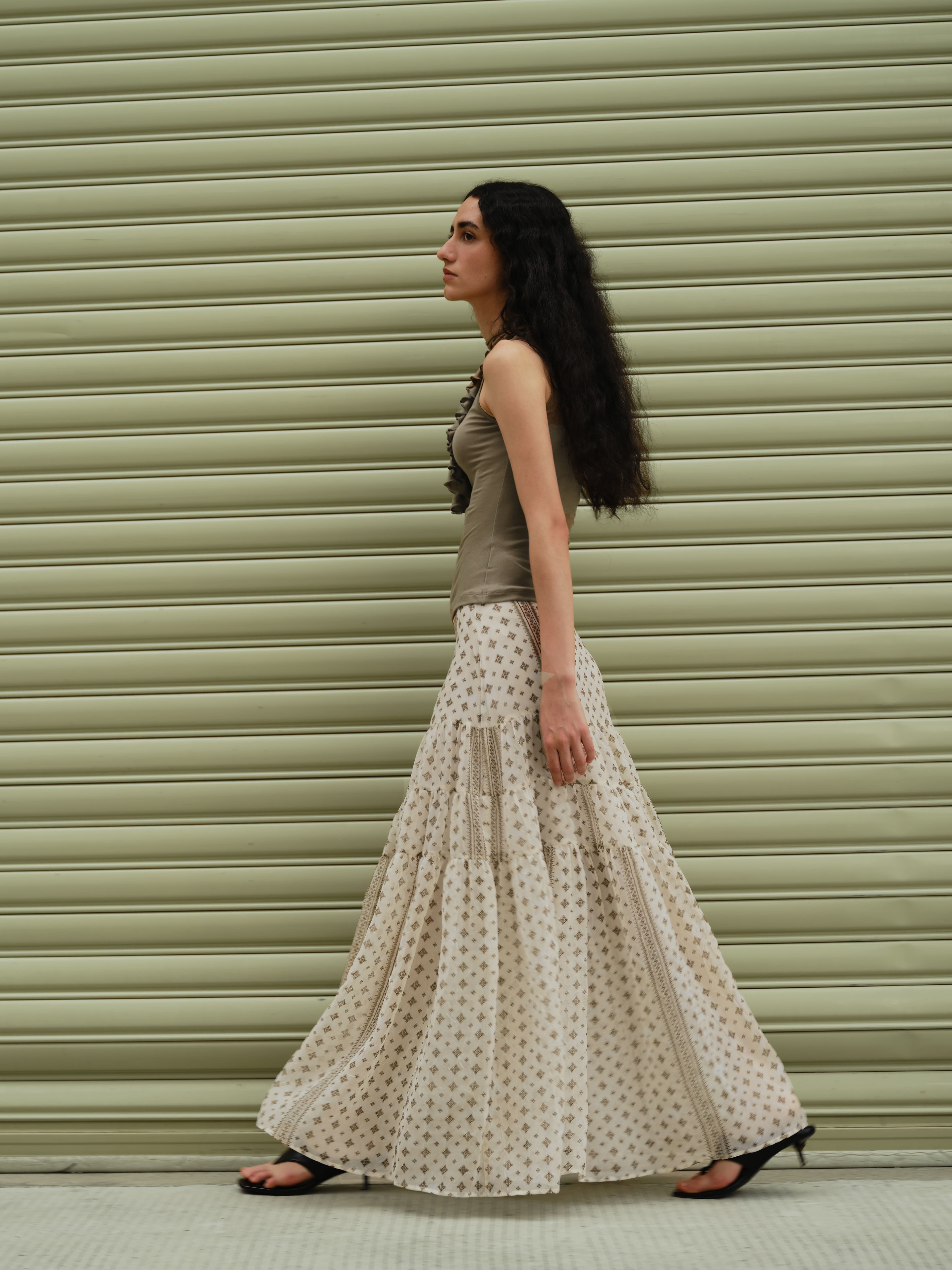 Vintage Floral Tiered Chiffon Midi Skirt