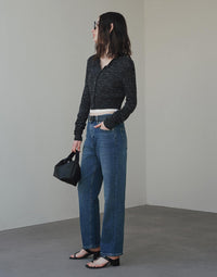 High - waisted Cuffed Jeans Made of Stretch Cotton Denim