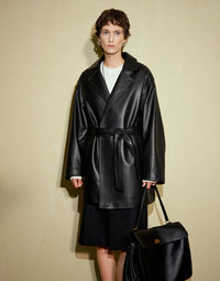 Sheepskin Large Lapel Tie Leather Trench Coat