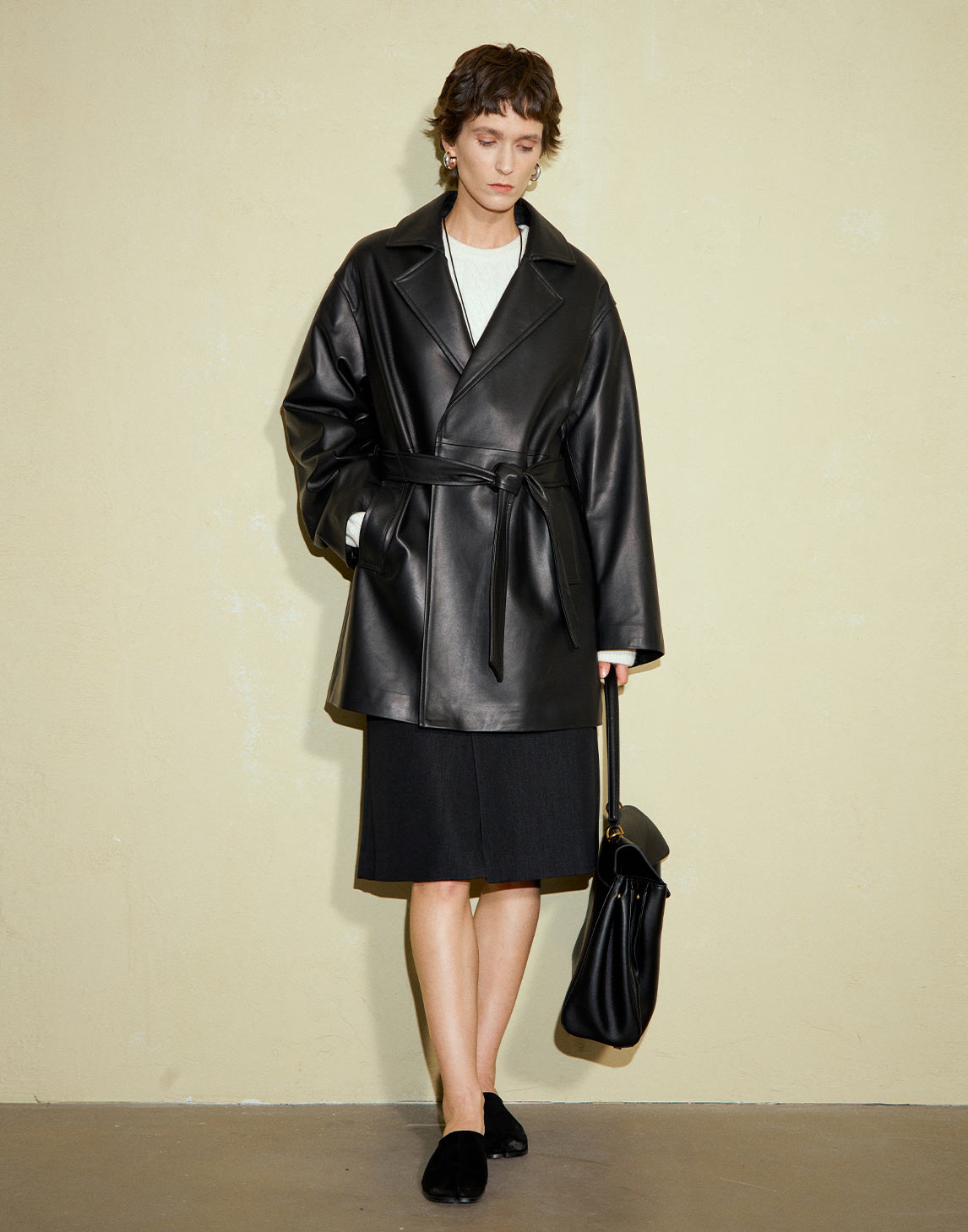 Sheepskin Large Lapel Tie Leather Trench Coat