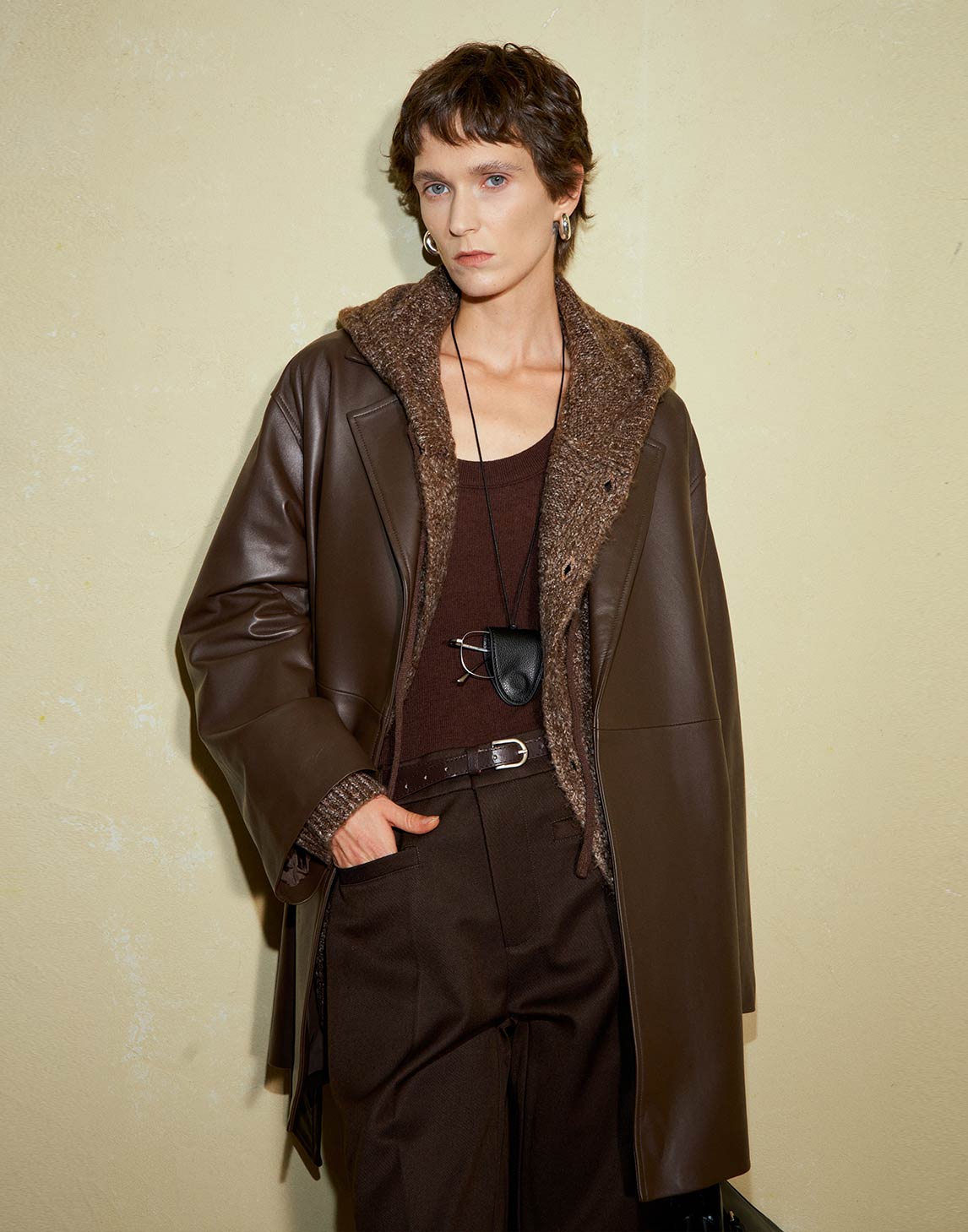 Sheepskin Large Lapel Tie Leather Trench Coat