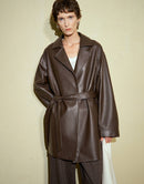 Sheepskin Large Lapel Tie Leather Trench Coat