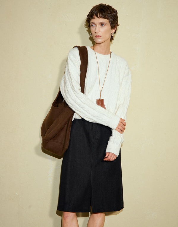 Front-Slit Denim-Effect Midi Skirt