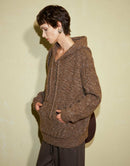 Chunky Textured Floral Yarn Hooded Pullover Knit Sweater