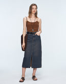 Turkish Denim Washed Front - Slit Midi Skirt