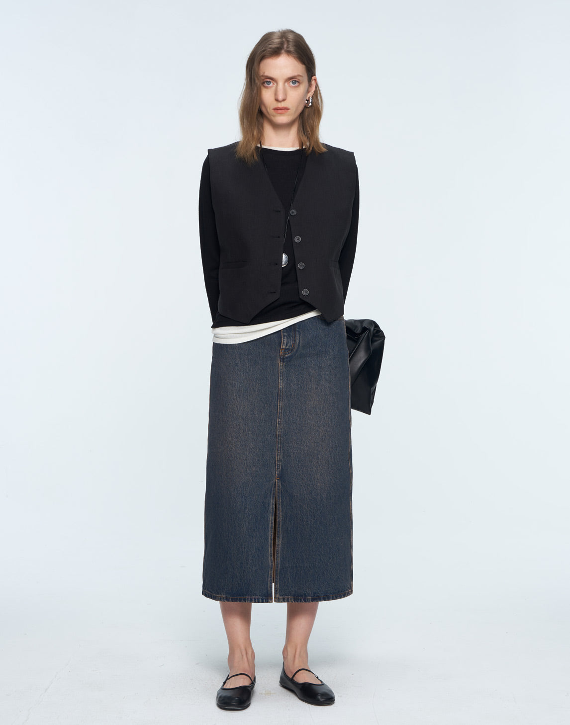 Turkish Denim Washed Front - Slit Midi Skirt