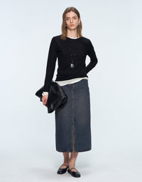 Turkish Denim Washed Front - Slit Midi Skirt