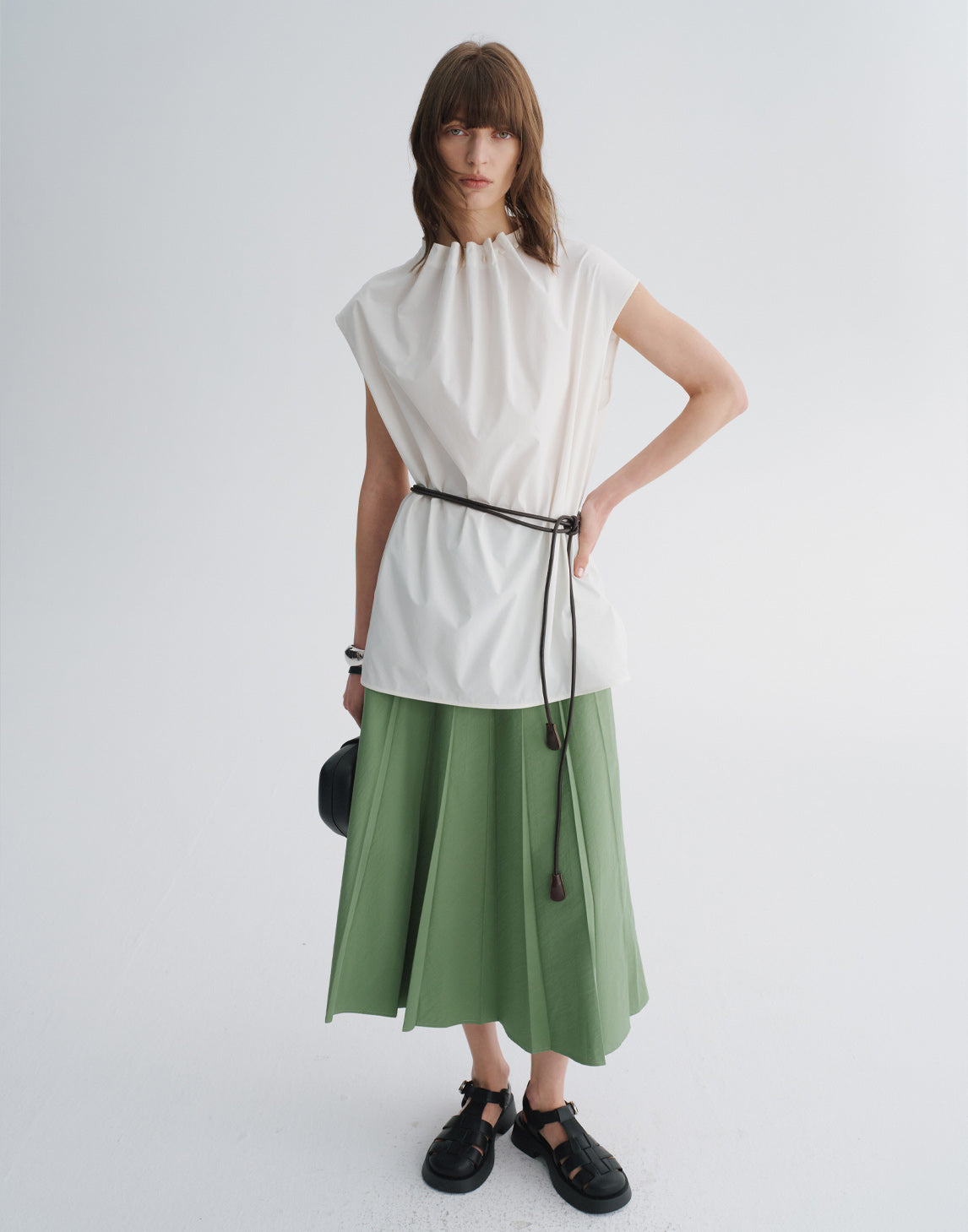 Structured Pleated A-Line Midi Skirt