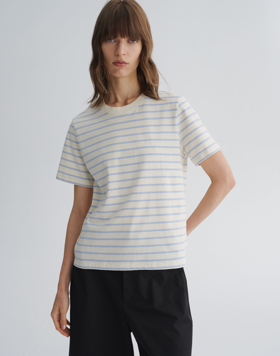 ストライプ柄コットンTシャツ（コンストラストカラー付き）
