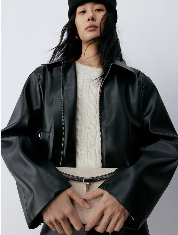 Satin-Sheen Faux Leather Jacket