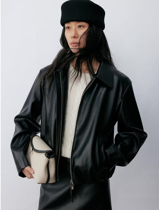 Satin-Sheen Faux Leather Jacket